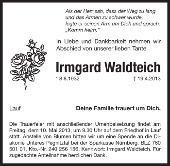 Traueranzeige von Irmgard Waldteich von Pegnitz-Zeitung